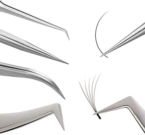 4PCS VETUS Eyelash Extension Tweezers for Make Fans Volume Lashes Professional Precision Stainless Steel Straight and Curved Angled L J Tips Isolation Eye Lashing Tweezer Kit Tools Supplies by EMEDA